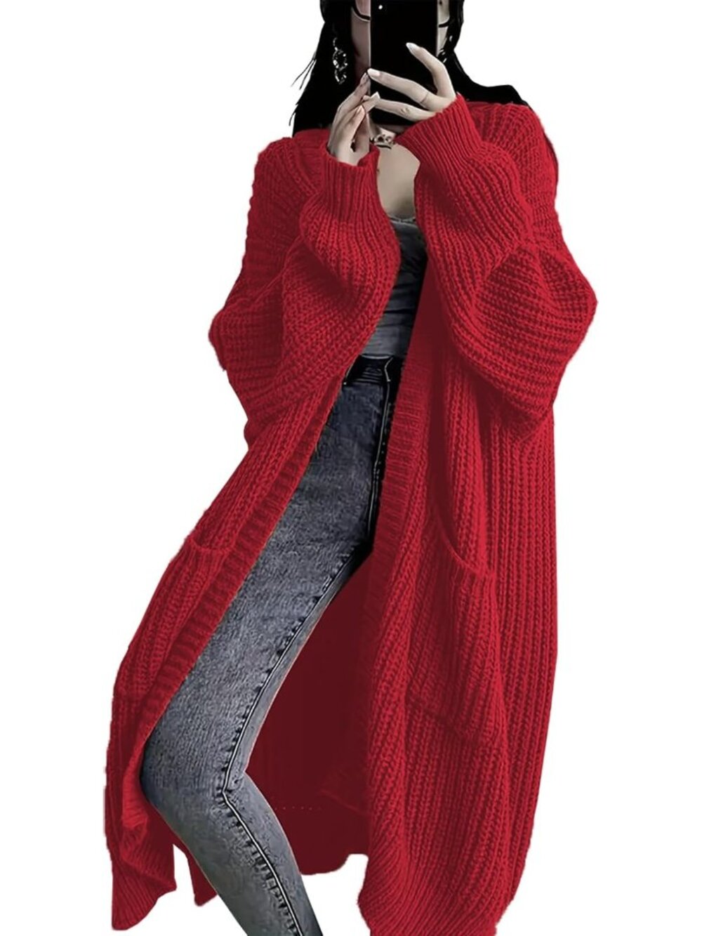 Women's Red Long Cardigan Sweaters Chunky Knit Open Front Pockets Duster Coats